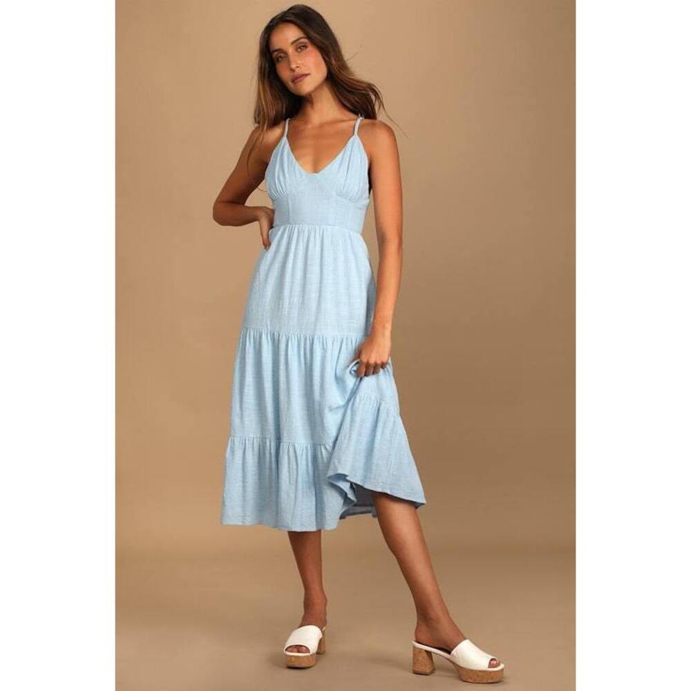 Lulus Bliss Abound Light Blue Tiered Midi Dress - Size L